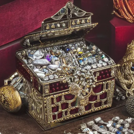 Prompt: A Ayleid chest filled with jewels and crystal artefacts, 4k, hdri, museum quality photo