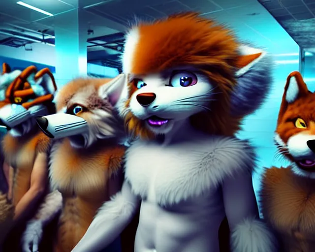 Image similar to high - resolution photograph from a nanopunk era furry fandom convention ( midwest furfest 2 0 4 7 ), taking place after the genetic revolution and singularity. photorealistic.