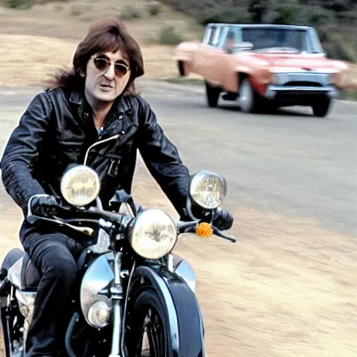 Prompt: john lennon riding a motorcycle in the movie born to be wild, cinematic sureal 3d 8k