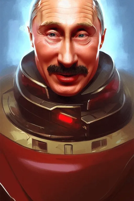 Image similar to vladimir putin as a stupid robotnik dr eggman, realistic portrait, symmetrical, highly detailed, digital painting, artstation, concept art, smooth, sharp focus, illustration, cinematic lighting, art by artgerm and greg rutkowski and alphonse mucha