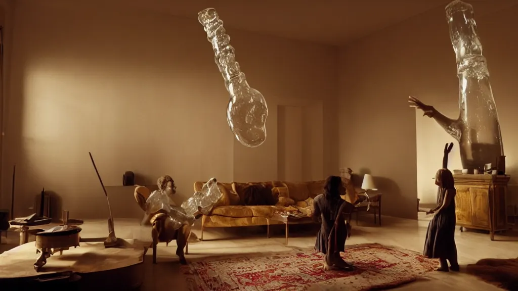 Prompt: giant hand made of wax and water floats through the living room, film still from the movie directed by Denis Villeneuve with art direction by Salvador Dalí, wide lens