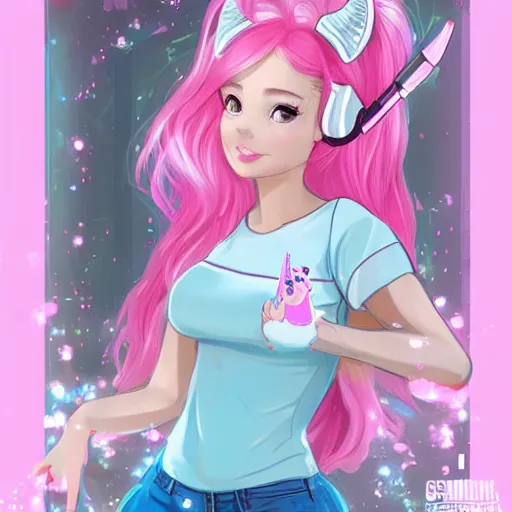 Image similar to very very very beautiful pink gamer girl wearing headphones with a unicorn horn coming out of her head standing in a pink girls room, full body portrait, eye contact, smiling, perfect face, perfect body, extreme long shot, drawn by artgerm