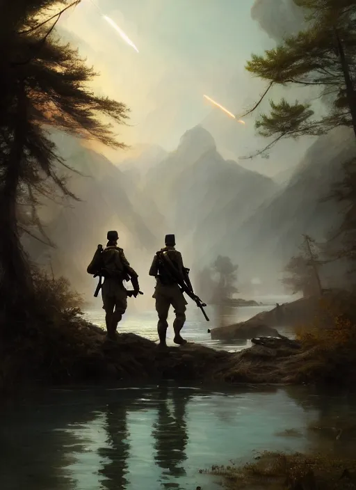 Image similar to Two soldiers trying to walk inside a lake, Battlefield 1, extremely detailed digital painting, in the style of Fenghua Zhong and Ruan Jia and jeremy lipking and Peter Mohrbacher, mystical colors, rim light, beautiful Lighting, 8k, stunning scene, raytracing, octane, trending on artstation