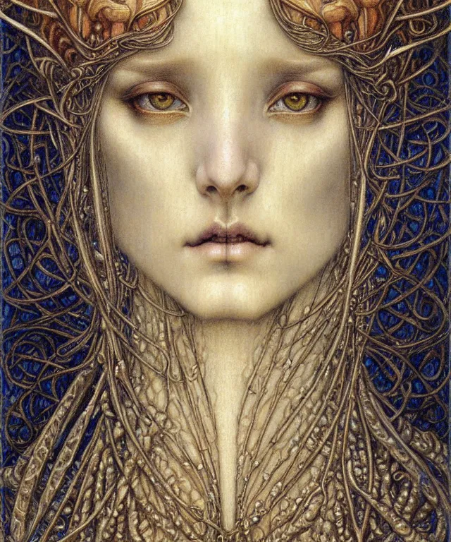 Image similar to detailed realistic beautiful young medieval queen face portrait by jean delville, gustave dore and marco mazzoni, art nouveau, symbolist, visionary, gothic, pre - raphaelite. horizontal symmetry