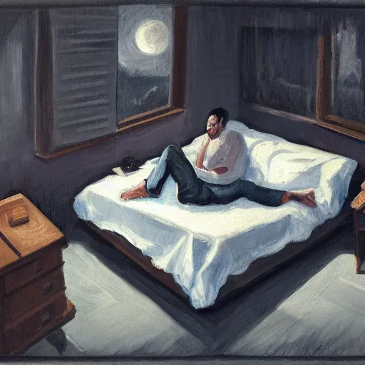 Prompt: a guy is laying inside his comfortable bed at night time and is staring at his dark bedroom ceiling, because its the only thing that understands his feelings and wont leave him, 8k, high detailed oilpainting