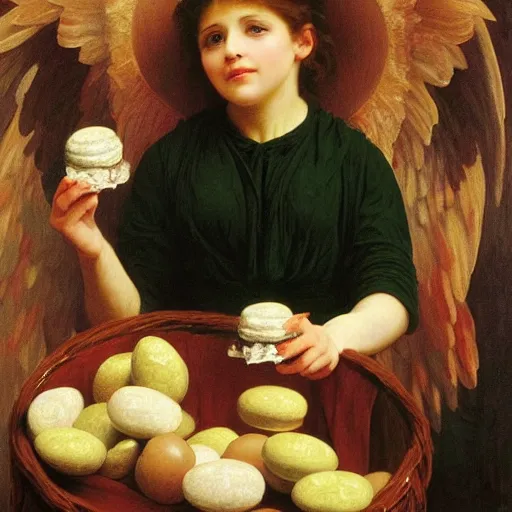 Prompt: an oil painting of an angel inside a theater eating M&M candies, by Bouguereau, highly realistic and intricate