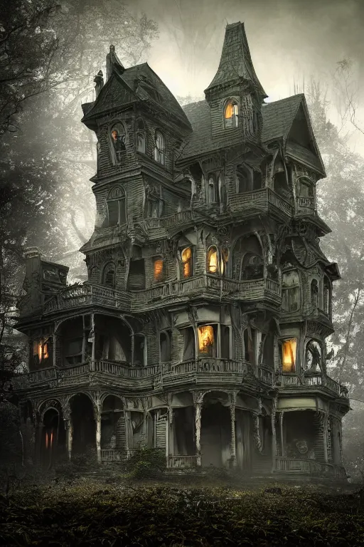 Prompt: Victorian haunted house in a creepy forest, sinister horror villain, random architecture mansion crowded, strange, eerie human lights and shadows on the windows, unique highly detailed gothic style raygun and very realistic photography, volumetric fog, environmental depth perspective trending on artstation, high quality printing, fine art with subtle redshift rendering