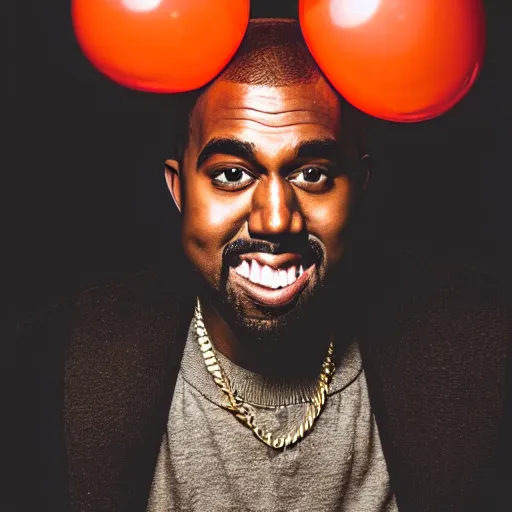 Image similar to a vintage studio portrait of kanye west clown with balloons behind him, black background, chiaroscuro lighting, camera focused on the face, close up portrait, shallow depth of field, 8 0 mm, f 1. 8