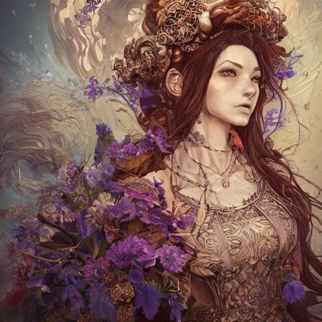 Prompt: the portrait of chaotic good female druid alchemist as absurdly beautiful, gorgeous, elegant, mature happy woman, an ultrafine hyperdetailed illustration by kim jung gi, irakli nadar, intricate linework, sharp focus, bright colors, octopath traveler, final fantasy, unreal engine 5 highly rendered, global illumination, radiant light, detailed and intricate environment