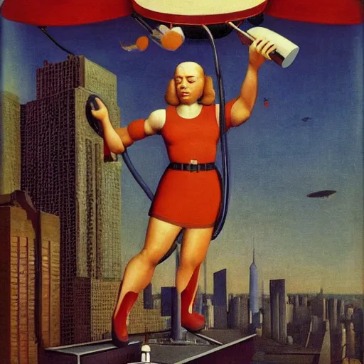 Prompt: yoked physique ultimate space villain super granny flies above new york city with her vacuum cleaner orwellian themes konstantin vasilyev grant wood jan van eyck john steuart curry