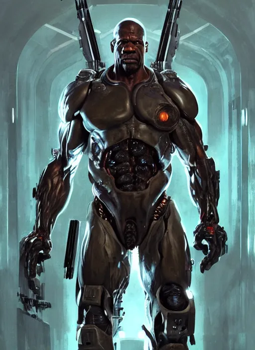 Image similar to terry crews as victor stone, full body concept, cyborg, borg, strogg, face of a man, terminator, flesh, quake strogg, doom demon, wolfenstein, monstrous, powerful, symmetry, symmetrical, concept art by ruan jia and greg rutkowski