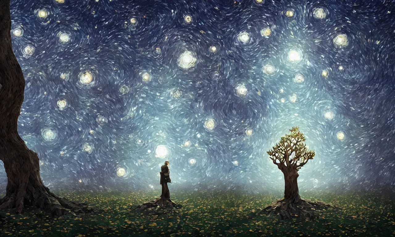 Image similar to a beautiful digital painting of a tree with low poly crystal diamond leaves, starry night sky, translucid, pretty lights, pristine marble trunk, elegant, highly detailed, artstation, concept art, matte, sharp focus, art by tom bagshaw, kelogsloops and greg rutkowski