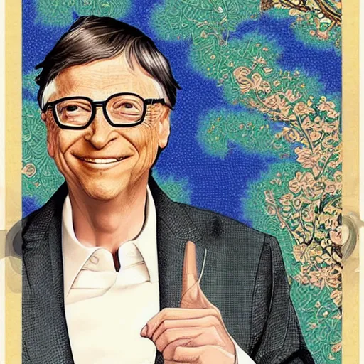 Prompt: Bill gates wearing a kimono, drawn in the style of Konstantin Razumov, Stanley Artgerm Lau and Rossdraws, extremely detailed, fractal frame