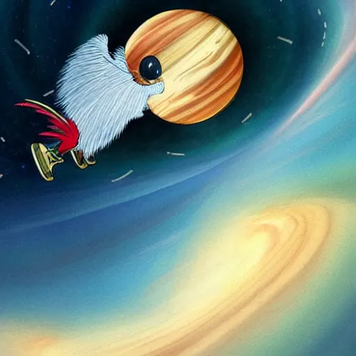 Prompt: a mouse wearing clockwork wings flying through Jupiter, sci-fi illustration