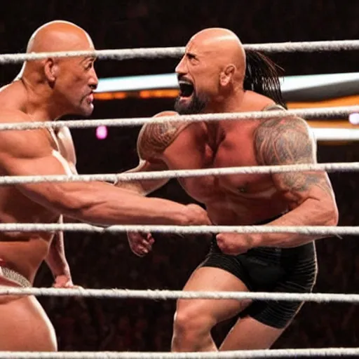 Image similar to Dwayne the Rock Johnson versus Jesus Christ, WWE wrestling match, hell in a cell