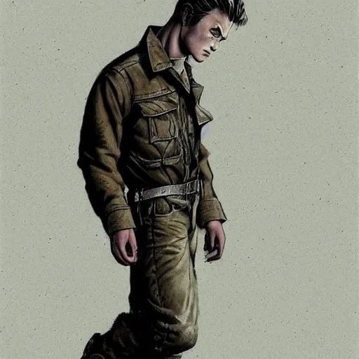 Image similar to a highly detailed epic cinematic concept art CG render digital painting artwork costume design: young James Dean as a well-kept neat anarchist rebel in 1950s USSR mechanic overalls and big boots. By Greg Rutkowski, Ilya Kuvshinov, WLOP, Stanley Artgerm Lau, Ruan Jia and Fenghua Zhong, trending on ArtStation, subtle muted cinematic colors, made in Maya, Blender and Photoshop, octane render, excellent composition, cinematic atmosphere, dynamic dramatic cinematic lighting, aesthetic, very inspirational, arthouse