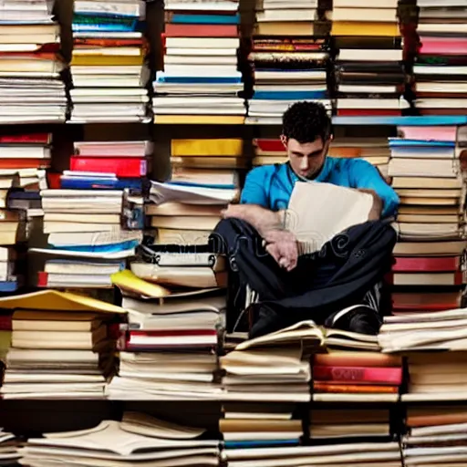 Prompt: exhausted man surrounded by stacks of papers and books, stock photo