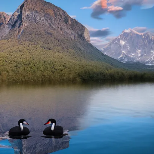 Image similar to photo of two black swans swimming in a beautiful reflective mountain lake, touching heads, forming a heart with their necks, a hot air balloon flying above the swans , granular detail, hot air balloon, intricate, portrait, 8k highly professionally detailed, HDR, CGsociety, octane render, 4k, f32,55mm photography, wide angle