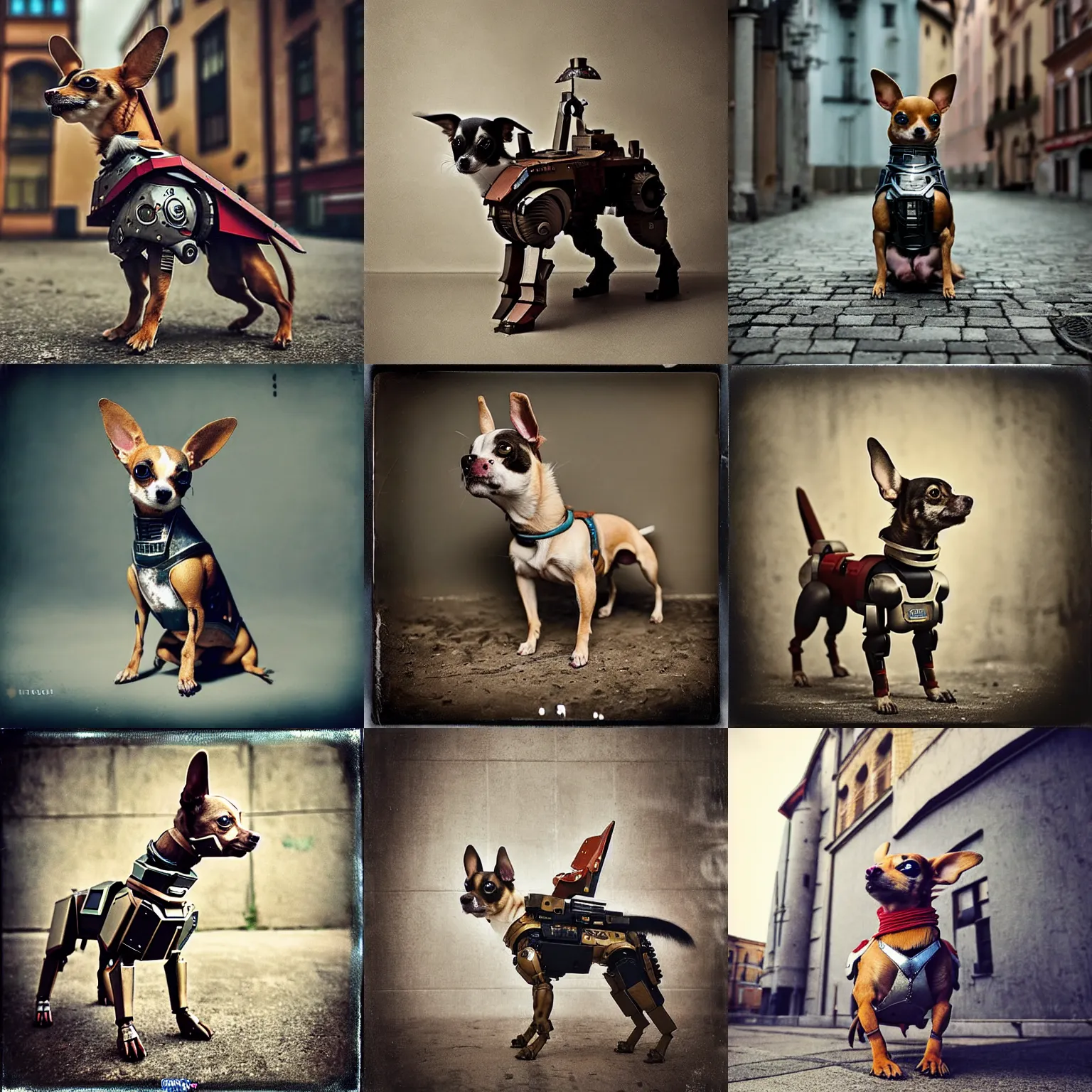 Prompt: legnica!!! epic pose!!! armored cyborg warmachine battle chihuahua superdog, in legnica!!!, full body, cinematic focus, polaroid photo, vintage, neutral dull colors, soft lights, by oleg oprisco, by thomas peschak, by discovery channel, by victor enrich, by gregory crewdson