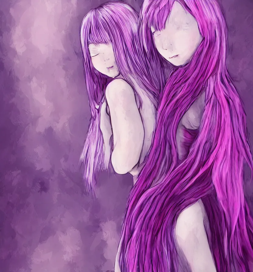 Image similar to little girl with eccentric pink hair wearing a dress made of purple feather, art by dcwj