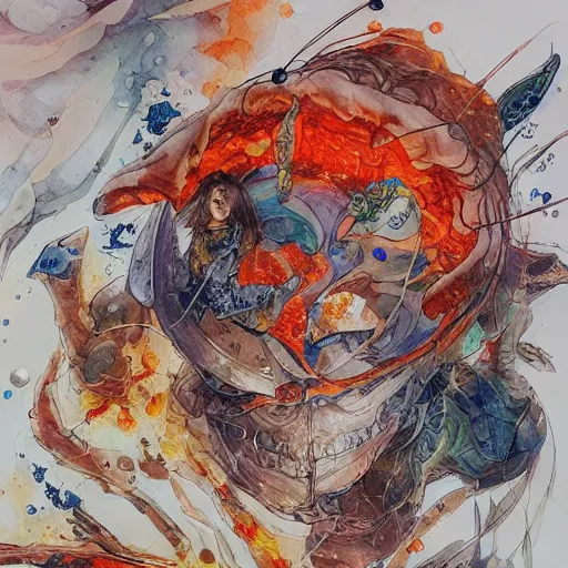 Prompt: cosmic pizza, watercolor, pen and ink, intricate line drawings, by Yoshitaka Amano, Ruan Jia, Kentaro Miura, Artgerm, detailed, trending on artstation, hd, masterpiece,