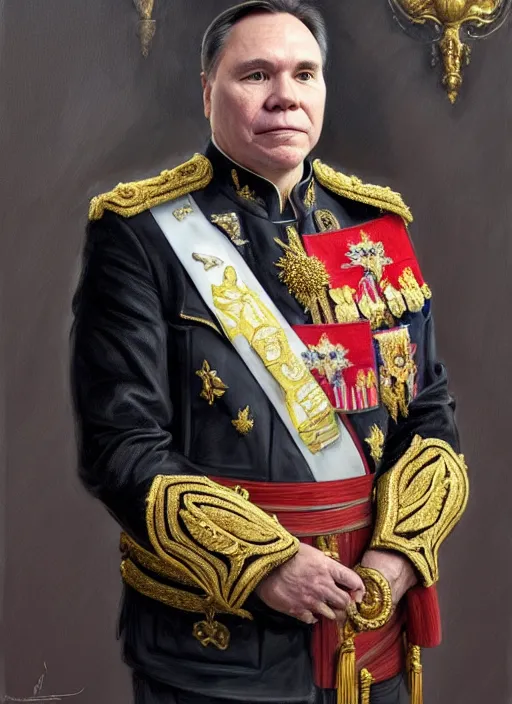 Image similar to portrait of supreme leader quebec premier francois legault, royalty, extravagant, lord, full body, military uniform, quebec flag french lily flower, fantasy, intricate, elegant, beautiful, highly detailed, charcoal, centered, dark, smokey, digital painting, artstation, concept art, art by artgerm and greg rutkowski and alphonse mucha