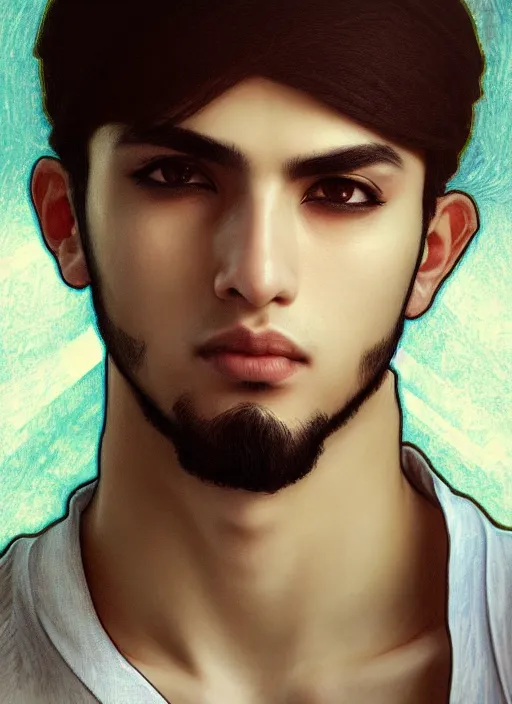 Image similar to beautiful medium shot portrait of a young arabic man inspired by ayami kojima with short hair dressed with a white t - shirt looking into the camera from three - quarters, white background white bank studio light, art by yoshitaka amano, alfons mucha, final fantasy, high quality, 8 k