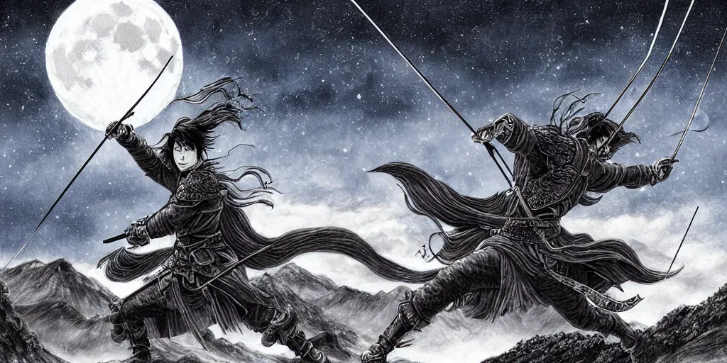 Prompt: korean archer. dragon. night sky. moon. mountain. dark fantasy. high resolution. epic fight. detailed. digital art. by kentaro miura