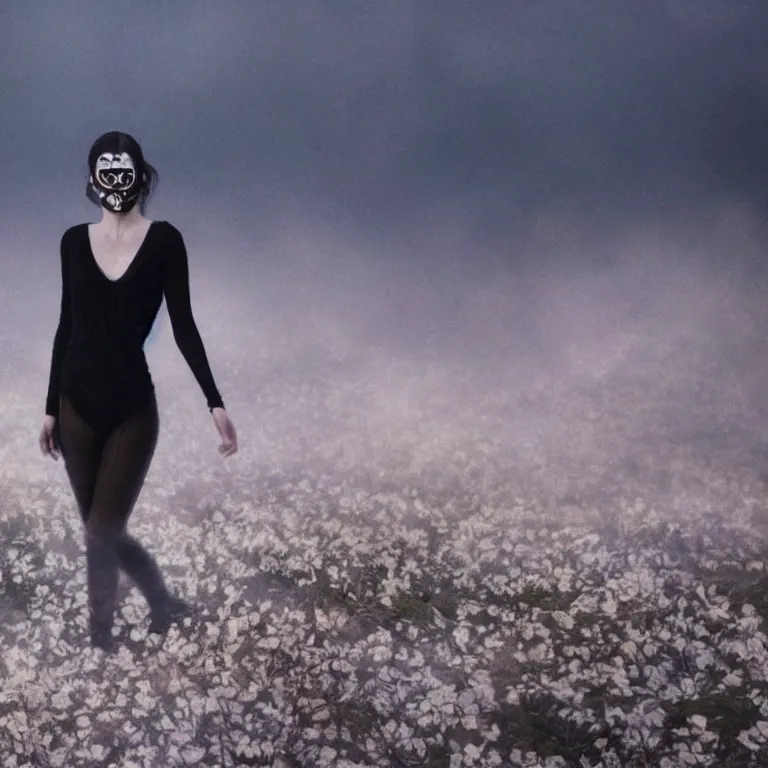 Image similar to The full body shot of beautiful pale woman with many flowers and full-face black mask with glowing halo, a thick black smoke in rocky desert landscape, glowing eyes, falling star on the background, burning earth by Christopher Doyle, Gaspar Noe, Tarkovsky, Alejandro Jodorowsky, anamorphic lens, cinematic composition, award winning photo, 8k