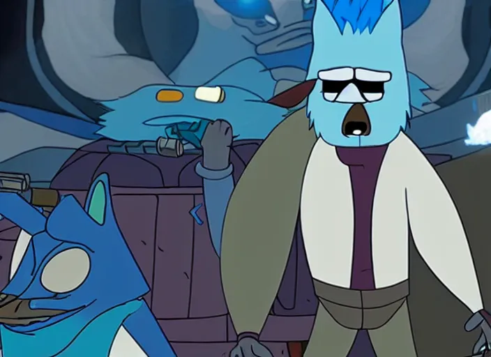 Image similar to film still of mordecai from regular show in the new scifi movie, 4 k