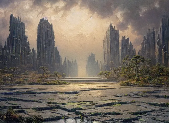 Image similar to oil painting by james gurney of the sole guardian of a forgotten city, some edges lost, high contrast, subtle tones, calm, serene landscape, beautiful detailed abandoned city