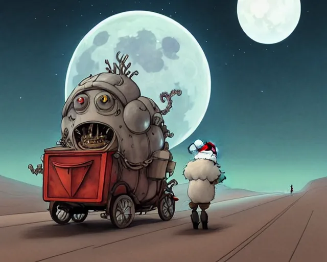 Prompt: a cell shaded cartoon grey lovecraftian mechanized santa from howl's moving castle ( 2 0 0 4 ), with a big head, on a desert road, wide shot, in front of a big moon, muted colors, post grunge, josan gonzales, wlop, by james jean, victor ngai, hq, deviantart, art by artgem