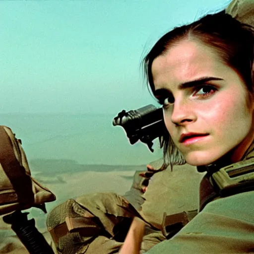 Image similar to film still, extreme far view, emma watson vietnam door gunner, film still from apocalypse now ( 1 9 7 9 ), 2 6 mm, kodak ektachrome, blue tint expired film,