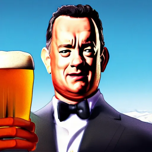 Image similar to Tom hanks at the top of a mountain, scenic view, holding a beer!!, digital art, gta 5 cover art, trending on artstation