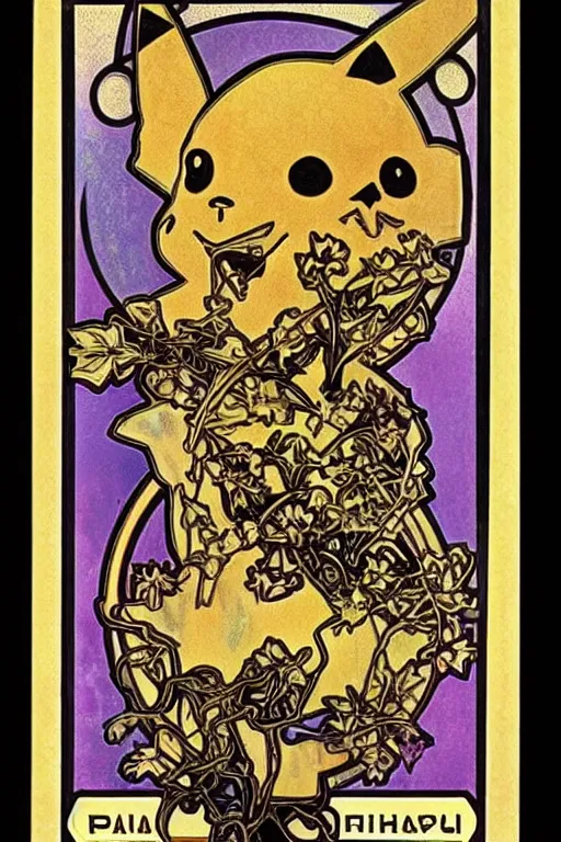 Image similar to skull of pikachu pokemon portrait in tarot style by Alphonse Mucha, detailed intricate, art nouveau