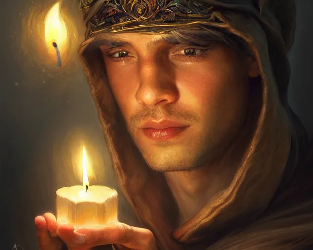 Image similar to a mind - blowing portrait of a fortune seeker male, holding a candle, wearing a sleeping cap, joyful, d & d, fantasy, intricate, elegant, highly detailed, digital painting, artstation, concept art, matte, sharp, illustration, hearthstone, art by artgerm and greg rutkowski and alphonse mucha