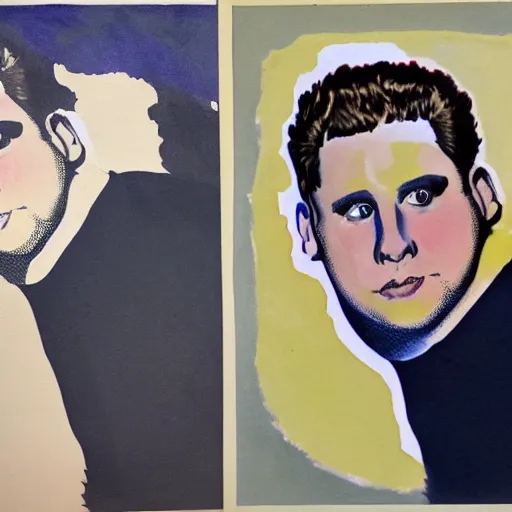Prompt: jonah hill, stylized. Watercolor and ink. 1950s.