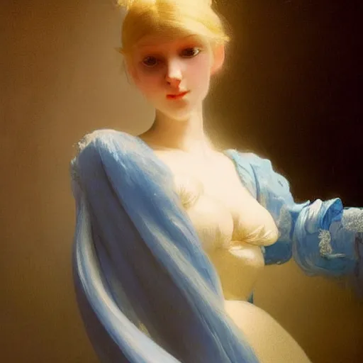 Image similar to a young woman's face, her hair is white and she wears a cobalt blue satin cloak, by ivan aivazovsky and syd mead and moebius and gaston bussiere and roger dean and pieter claesz and paul delaroche and alma tadema and willem claesz and gerard ter borch, hyperrealistic, volumetric light