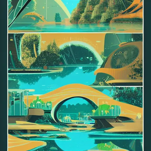 Prompt: beautiful happy picturesque charming organic futuristic sci - fi town in harmony with nature. water and plants. beautiful light. grainy and rough. soft colour scheme. beautiful artistic vector graphic design printed matter by lurid. ( 2 0 2 2 )