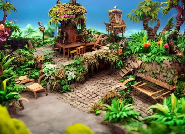 Image similar to detailed studio photography of a fantasy claymation diorama of an isometric tropical island game level design, zeiss lens, detailed, by erwin olaf, joop geesink, wes anderson, jim henson, brian froud, breathtaking, 8 k resolution, beautiful lighting, studio light, extremely detailed, establishing shot, realistic materials, hyperrealistic