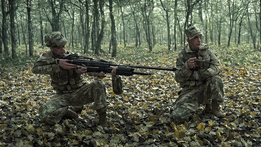 Image similar to a soldier with a rifle in tarkov made of leaves and twigs hiding in a tree, film still from the movie directed by Denis Villeneuve with art direction by Salvador Dalí, wide lens