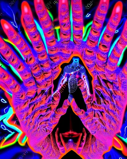 Image similar to psychedelic trip of a cyborg who's escaping death, trippy, lots of hands, 8k, ultra realistic