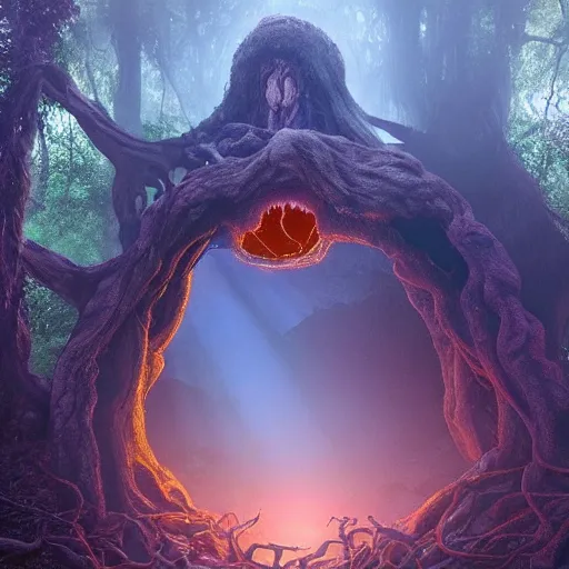 Prompt: ominous, errie portal to hell embedded in a terrifying tree in a densely overgrown jungle, fantasy, dreamlike sunraise, ultra realistic, atmospheric, stopped in time, epic