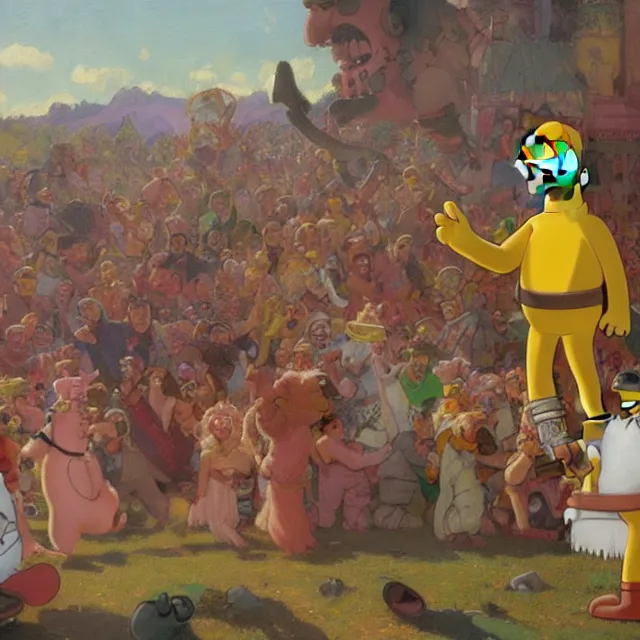 Image similar to homer simpson having a rap battle with julius caesar, elegant, intricate, digital painting, artstation, concept art, smooth, sharp focus, illustration, art by konstantin korovin and daniel f. gerhartz and john howe