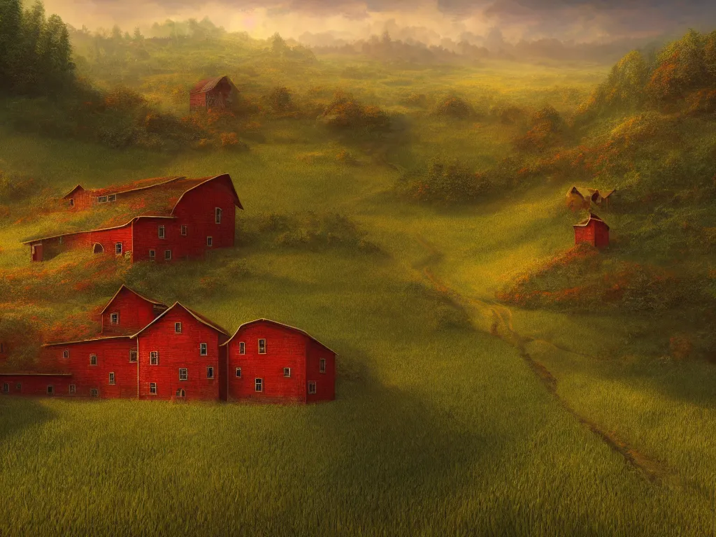 Prompt: Intricate detailed lush ravine with a single isolated red barn next to a wheat crop at noon. Wide angle shot, surreal, dreamlike, Artstation, Marc Simonetti.
