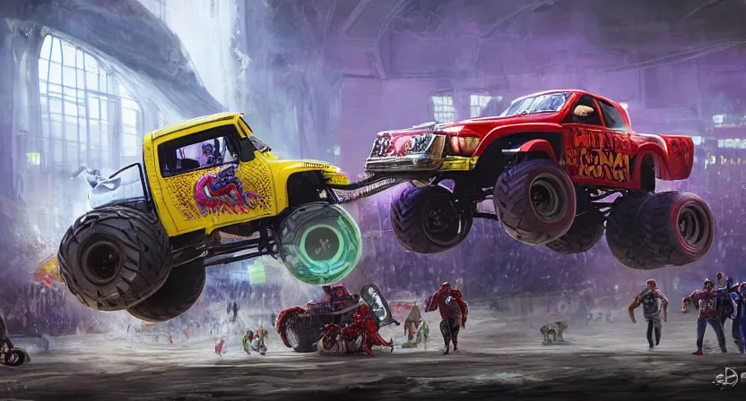 Prompt: a Unicorn monster truck and a Spiderman monster truck in an arena with cheering fans, concept art by Doug Chiang cinematic, realistic painting, high definition, digital art, symmetrical, very detailed, extremely high detail, photo realistic, concept art, unreal engine 5,