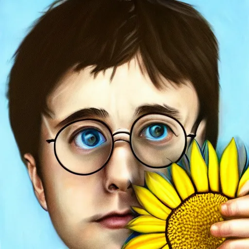 Prompt: hyperrealism portrait where harry potter appears holding a sunflower in the sunflower this inn a beautiful light blue butterfly, half of the background is a beautiful sunset