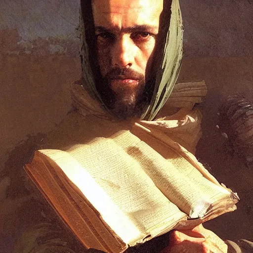 Image similar to half portait of monk wearing a closed cowl and big old book! chained to the wrist, jeremy mann, jean - leon gerome, tiepolo, alphonse mucha, greg rutkowski, face in the shadows, ( ( ruins of ancient rome ) ), at dusk, mysterious atmosphere, sunrays, dof, high detailed, 8 k