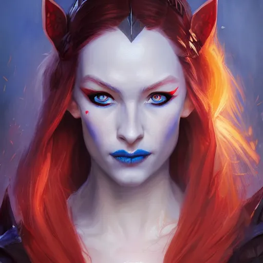 Image similar to A detailed matte oil on canvas head on symmetrical portrait of a beautiful elven woman with blue red eyes heterochomia and red and blue hair by greg rutkowski and Charlie bowater, trending on artstationhd, dungeons and dragons art critical role