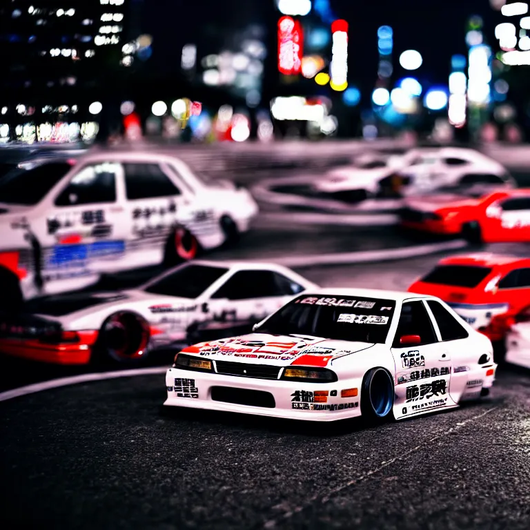 Prompt: a car JDM Drift illegal meeting, detailed-wheels, Shibuya prefecture, cinematic lighting, photorealistic, highly detailed, night photography